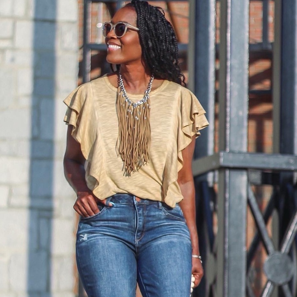 Wit & Wisdom Flutter Sleeve Mineral Wash Top – Gold Mustard – Size Medium